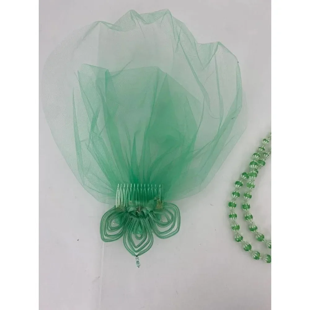 Vintage 40s 50s Wedding Veil & Headpiece & Beads West Germany Seafoam Green